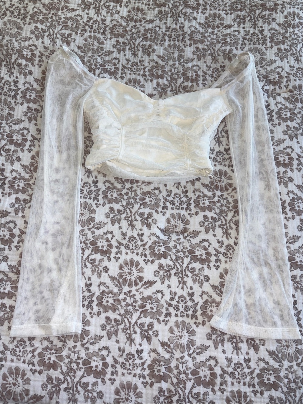 Princess Polly Ivory Sheer Long-Sleeve Ruched Crop Top